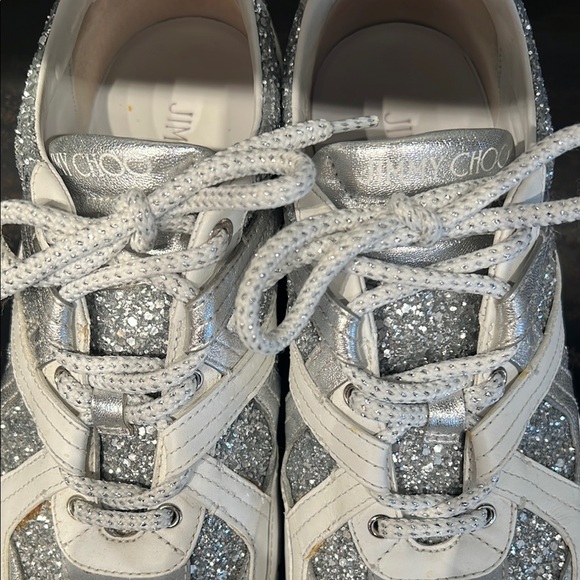 Jimmy Choo Silver Glitter and White Leather Sneakers - Picture 11 of 15